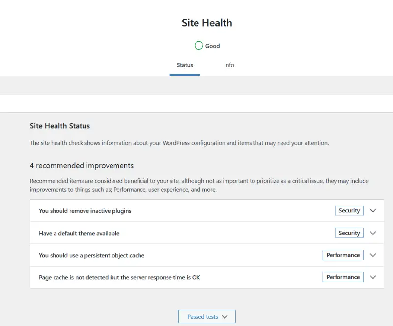 Wordpress optimization using the site health tool